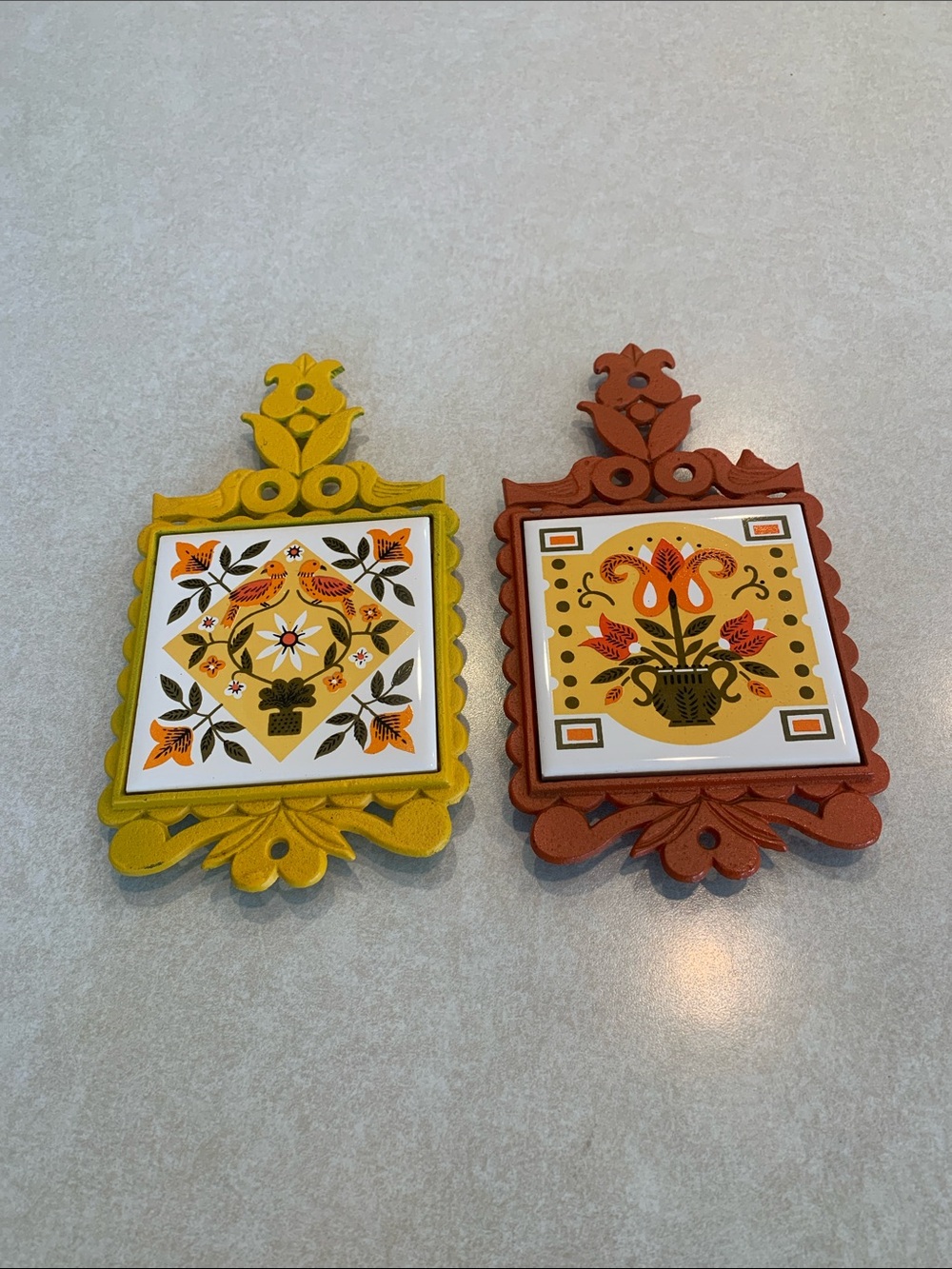 Vintage Napcoware Japan MCM Cast Iron Trivets Footed Orange Yellow Set of 2